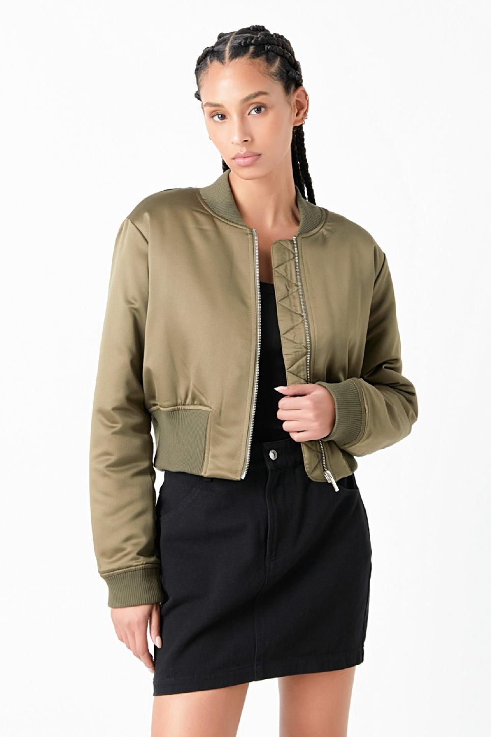 Endless Rose Cropped Satin Effect Bomber Jacket OLIVE