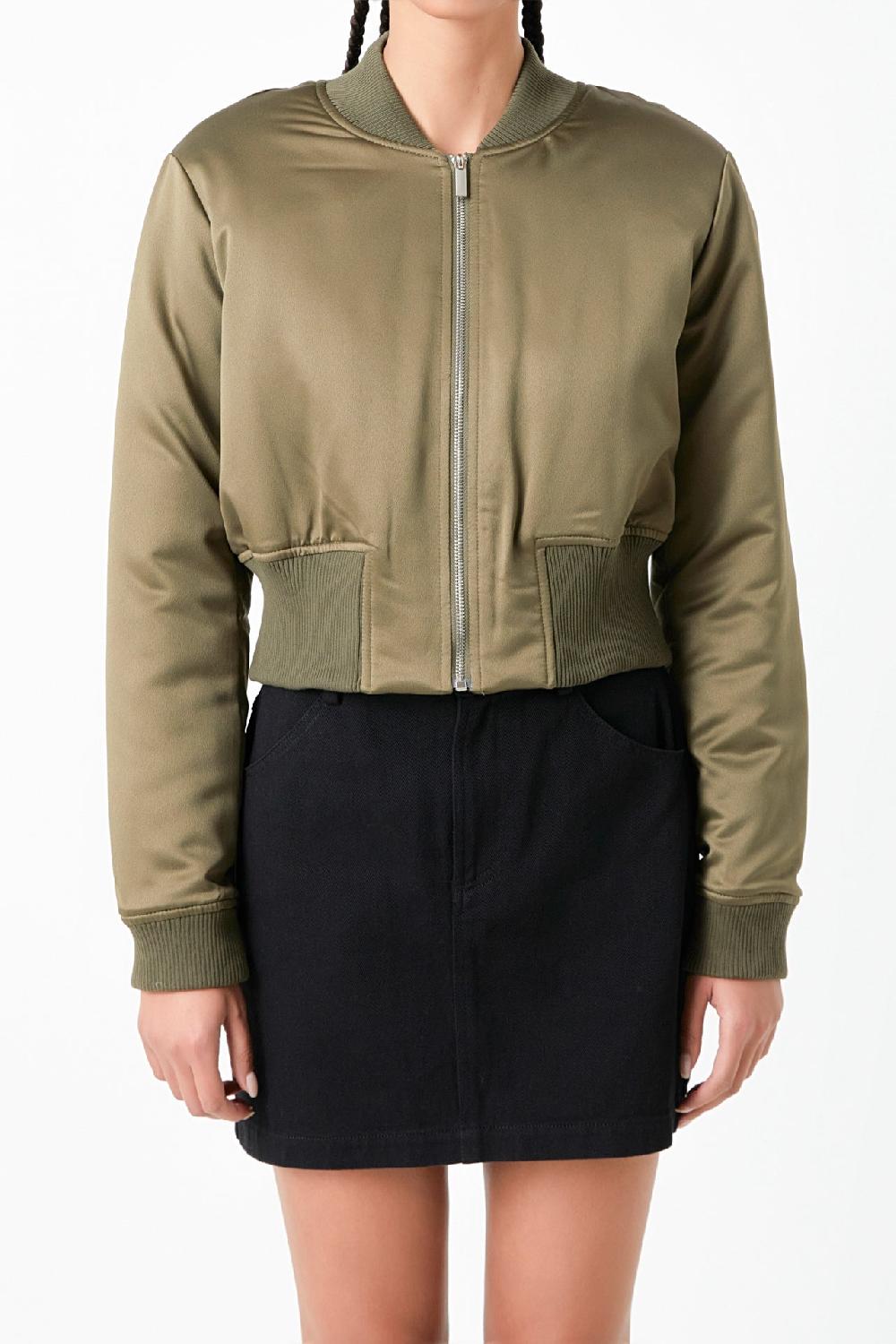 Endless Rose Cropped Satin Effect Bomber Jacket OLIVE