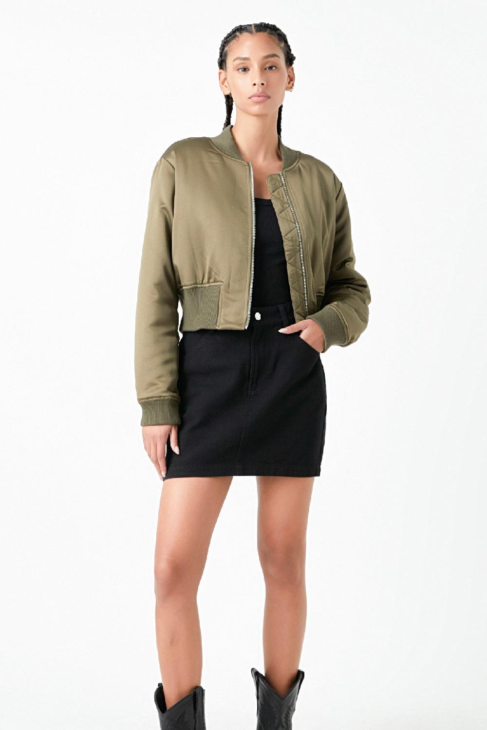 Endless Rose Cropped Satin Effect Bomber Jacket OLIVE