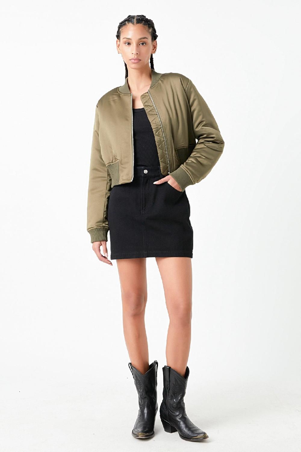 Endless Rose Cropped Satin Effect Bomber Jacket OLIVE