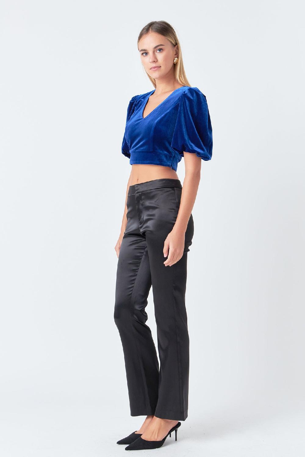 Endless Rose Cropped Velvet Puff Sleeve Top COBALT BLUE