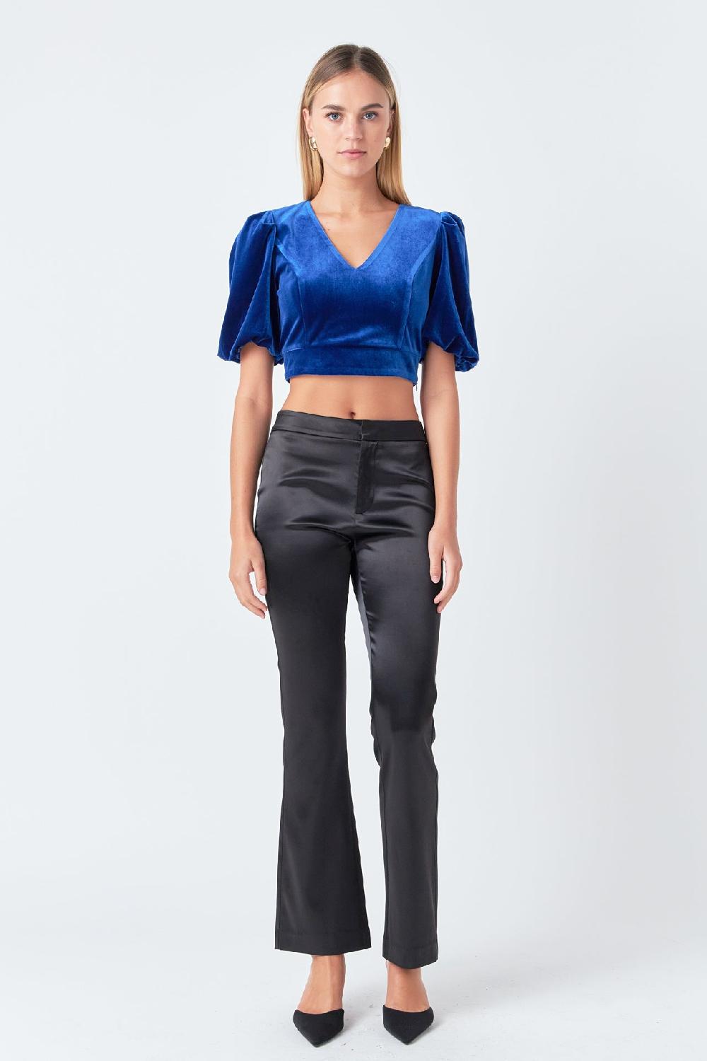 endless rose Cropped Velvet Puff Sleeve Top COBALT BLUE
