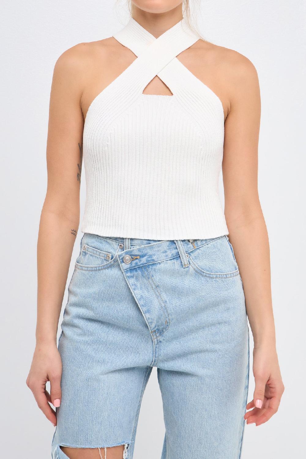 Endless Rose Cross Haltered Soft Rib Knit Tank AQUA