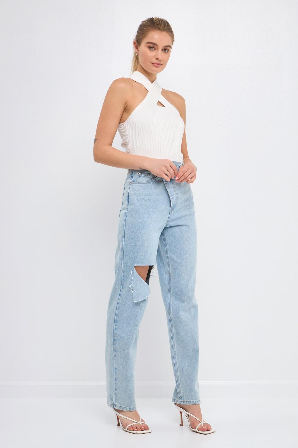 Endless Rose Cross Haltered Soft Rib Knit Tank AQUA