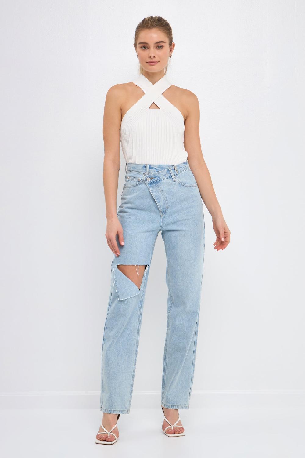 endless rose Cross Haltered Soft Rib Knit Tank AQUA