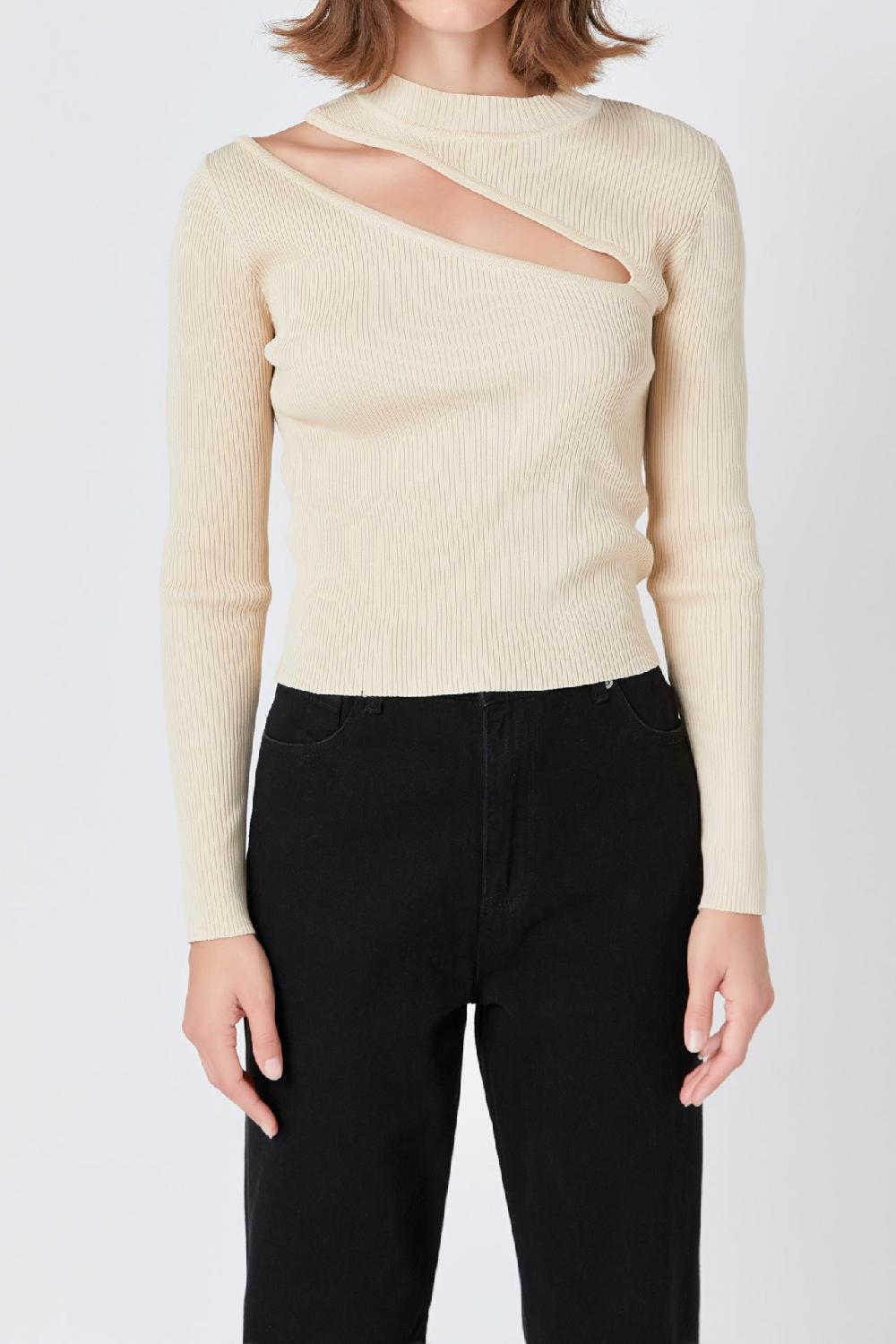 Endless Rose Cut Out Sweater Top With Round Neckline BEIGE