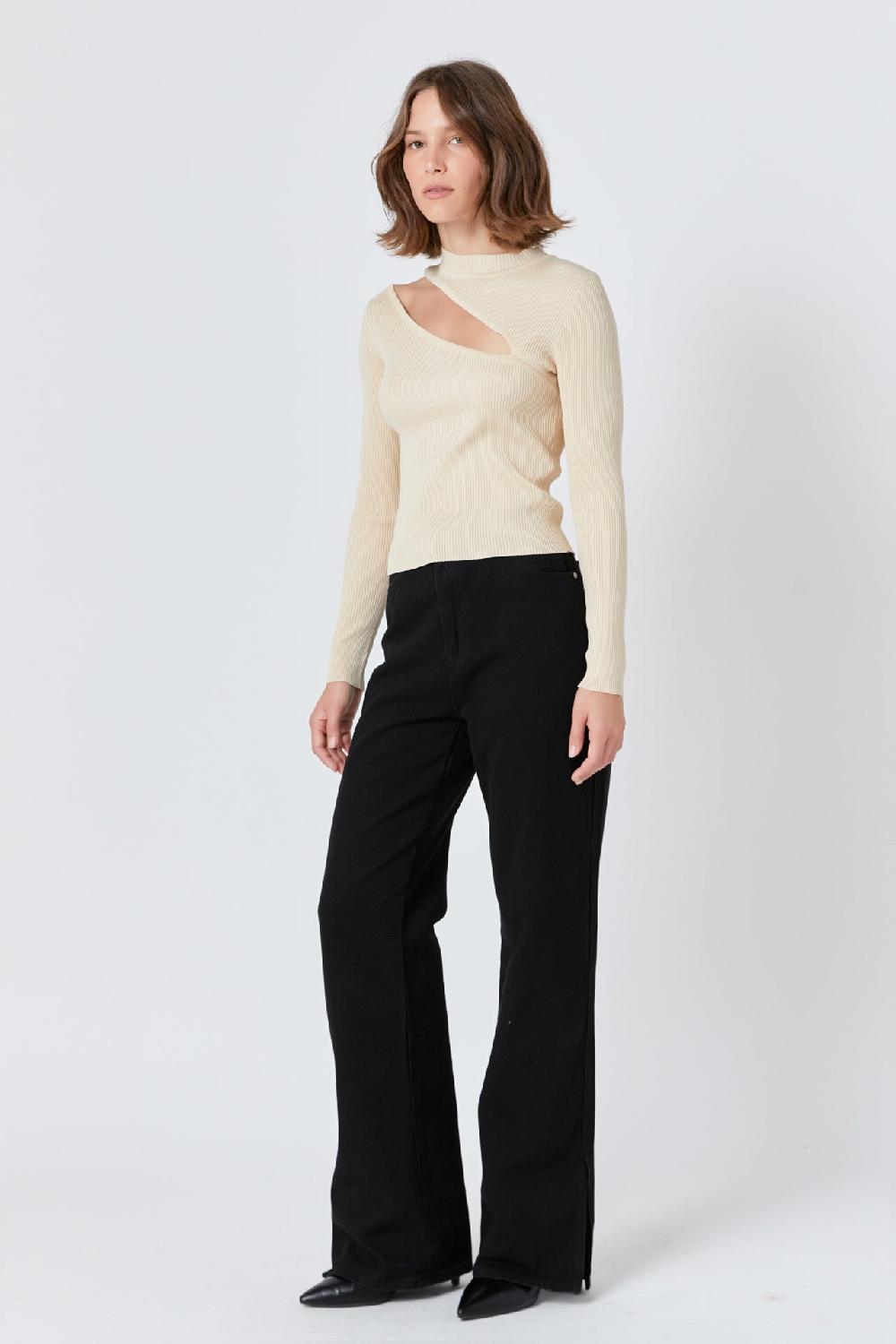 Endless Rose Cut Out Sweater Top With Round Neckline BEIGE