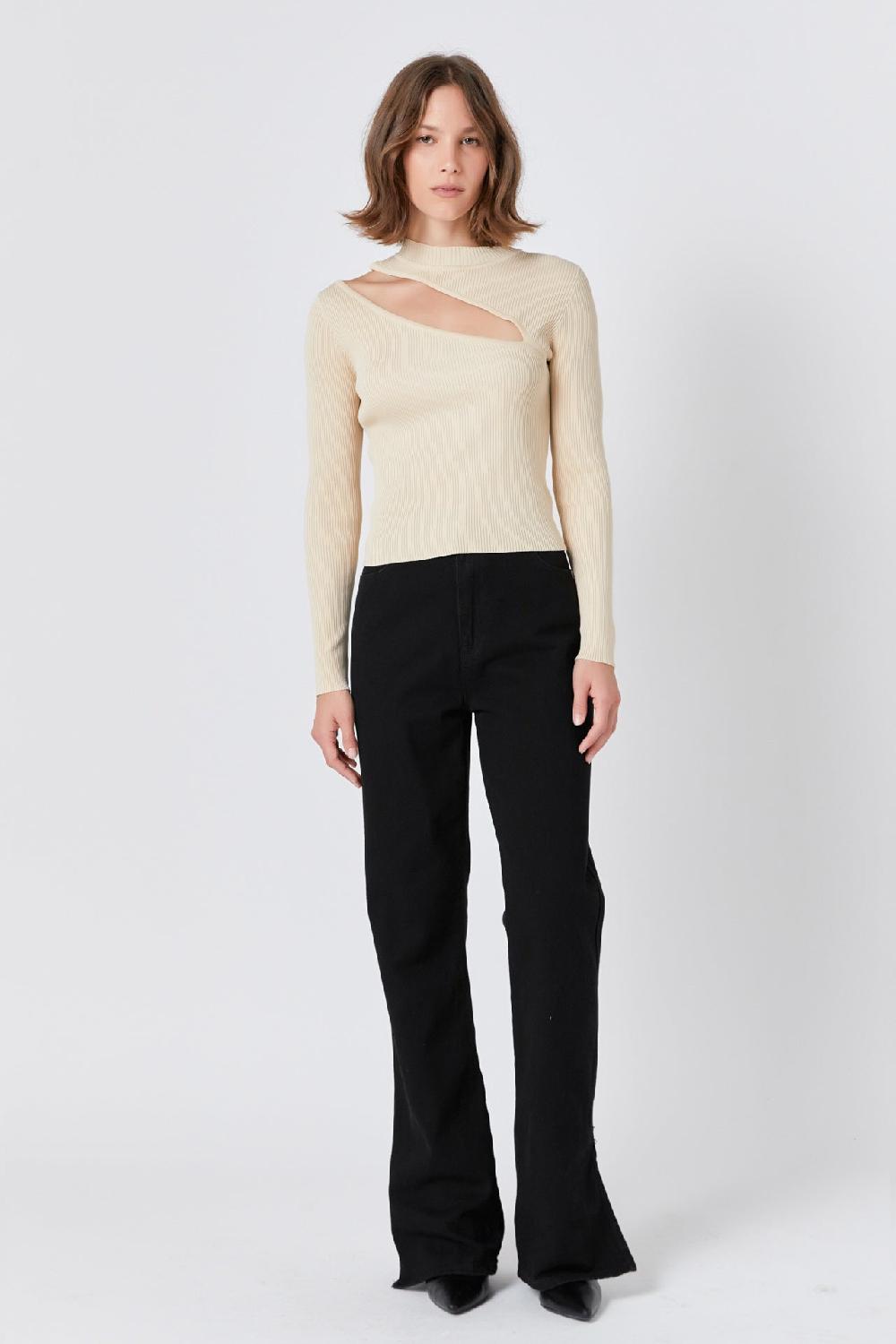 endless rose Cut Out Sweater Top with Round Neckline BEIGE