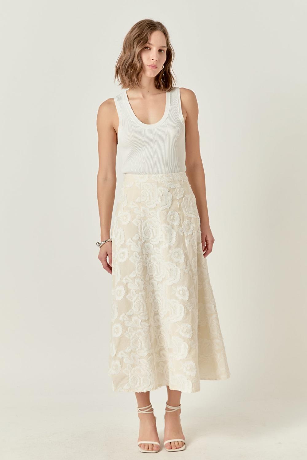 endless rose Denali Floral Embroidered Maxi Skirt CREAM