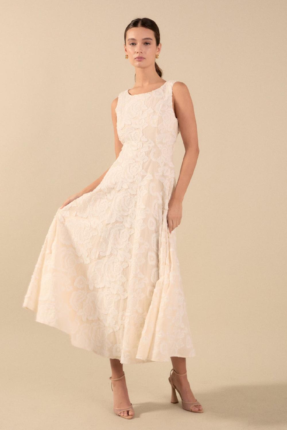 endless rose Denali Floral Embroidered Sleeveless Midi Dress CREAM