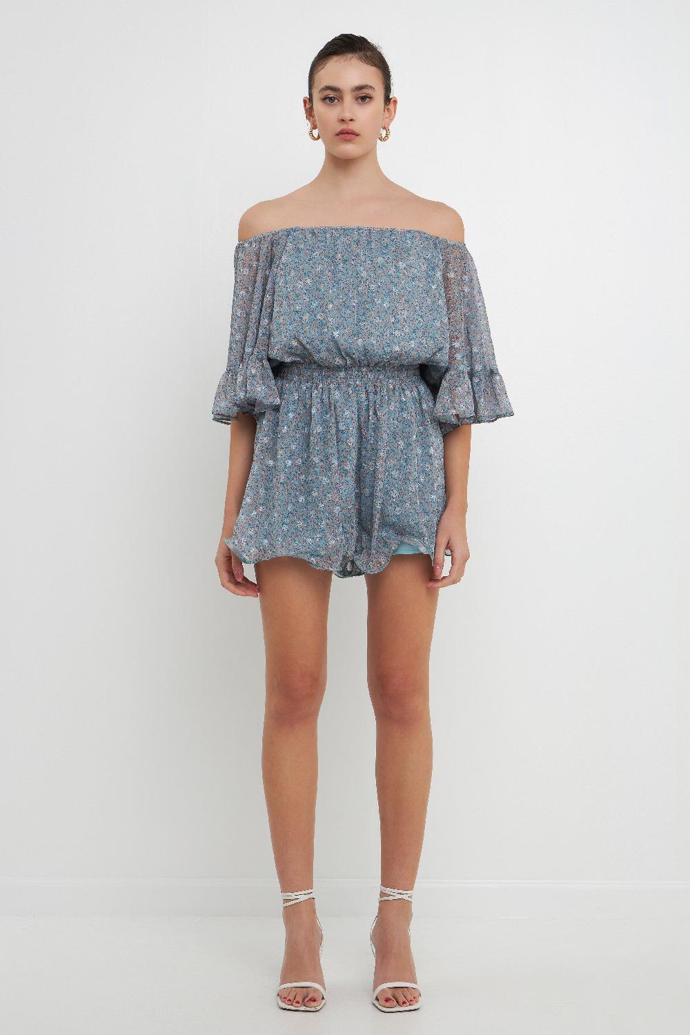 endless rose Ditsy Floral Off the Shoulder Romper BLUE