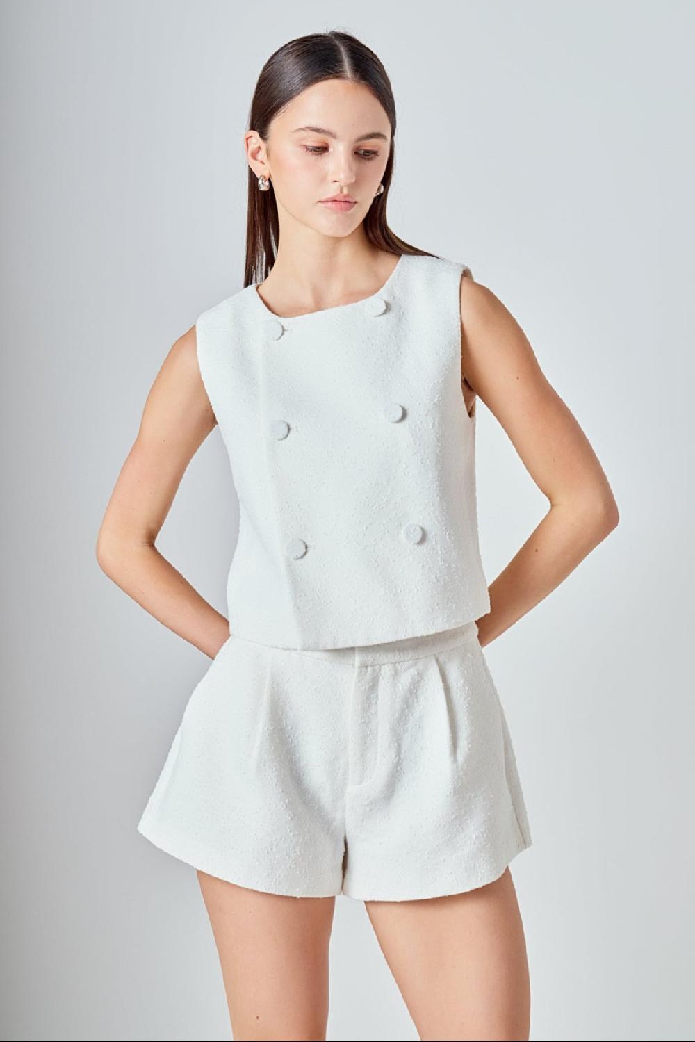 endless rose Double Breasted Textured Crop Vest WHITE