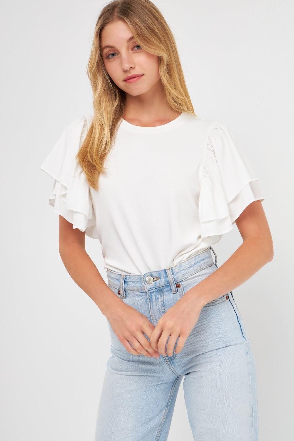 Endless Rose Double Layers Ruffle Sleeve Crew Neck Top WHITE