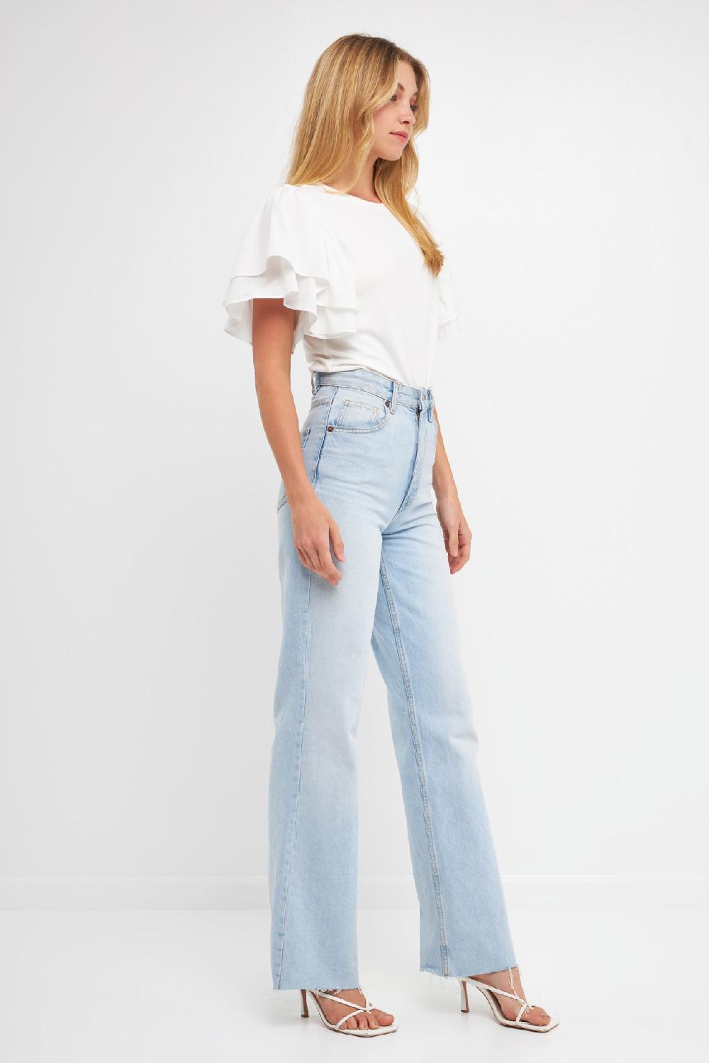 Endless Rose Double Layers Ruffle Sleeve Crew Neck Top WHITE