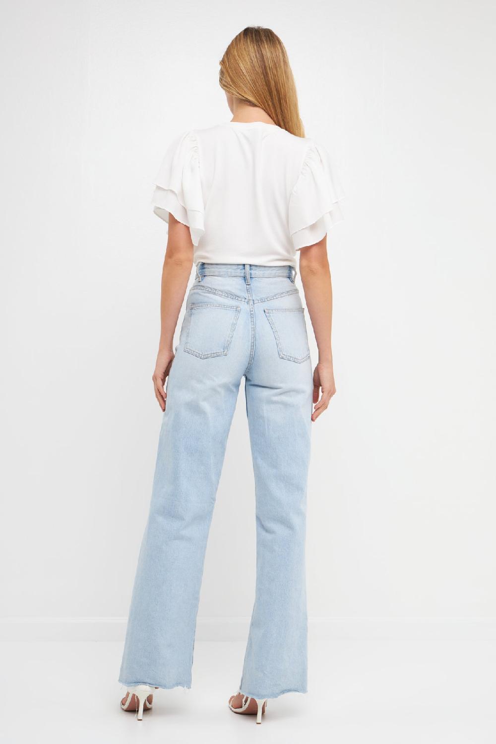 Endless Rose Double Layers Ruffle Sleeve Crew Neck Top WHITE