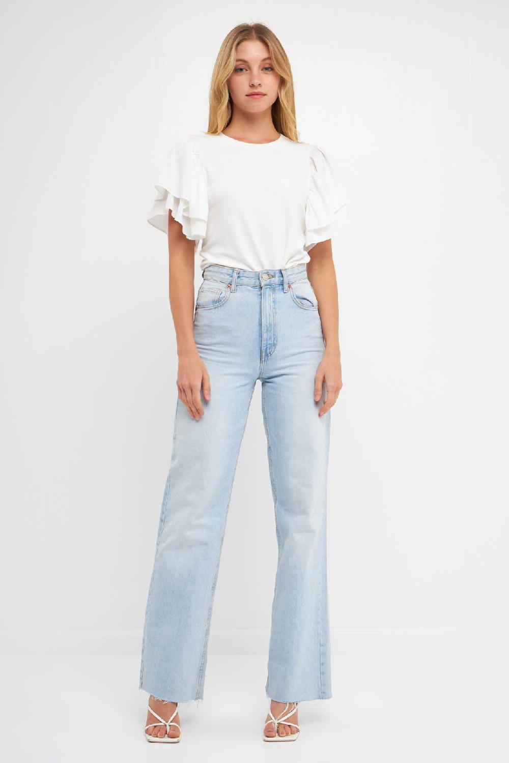 endless rose Double Layers Ruffle Sleeve Crew Neck Top WHITE