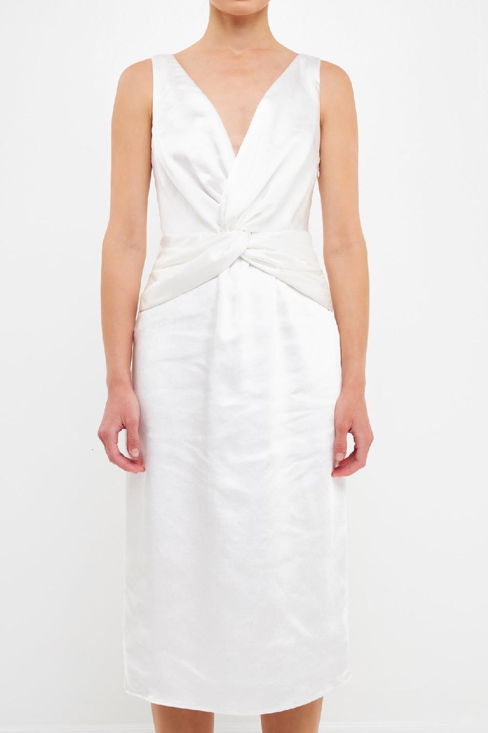 Endless Rose Draped Twist Satin Maxi High Low Dress WHITE