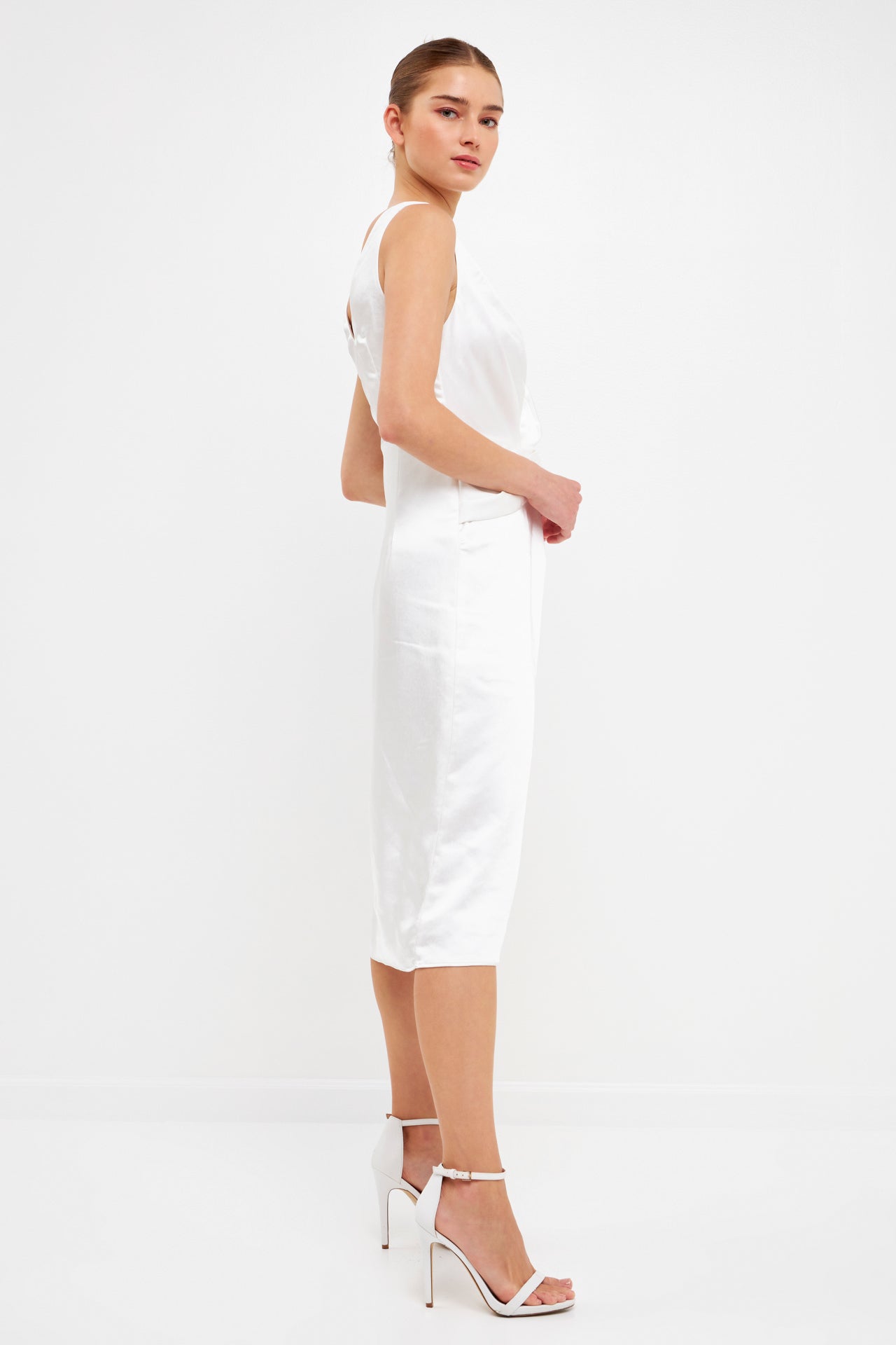 Endless Rose Draped Twist Satin Maxi High Low Dress WHITE