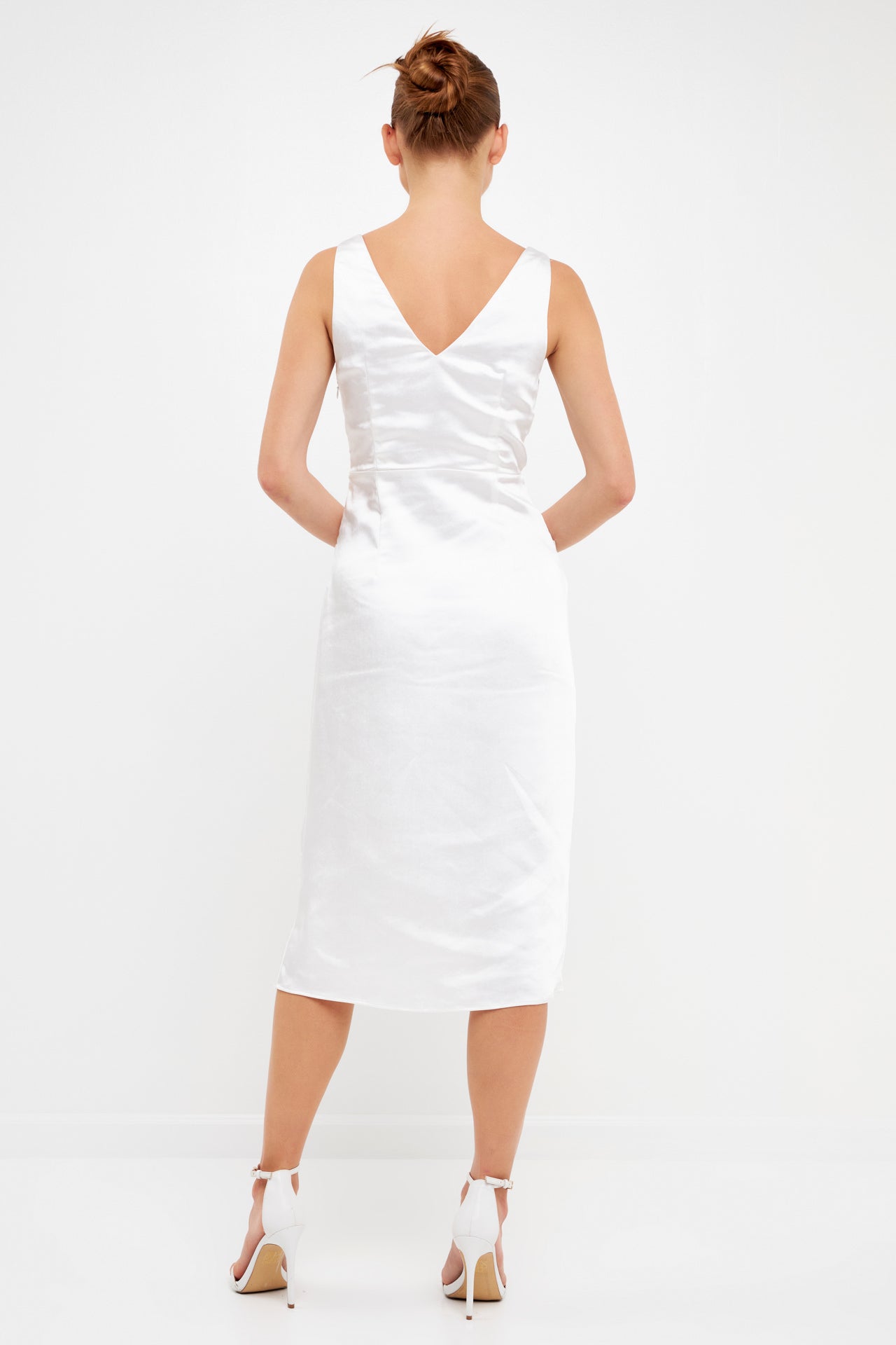 Endless Rose Draped Twist Satin Maxi High Low Dress WHITE