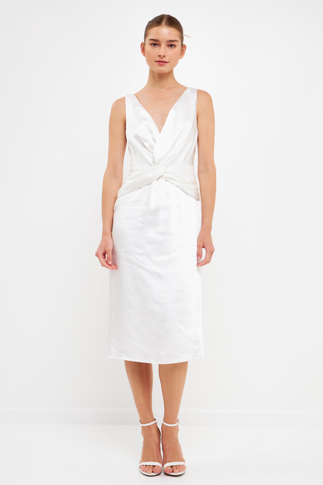 endless rose Draped Twist Satin Maxi High Low Dress WHITE