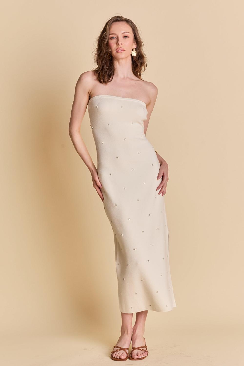 endless rose Embellished Strapless Knit Midi Dress CREAM