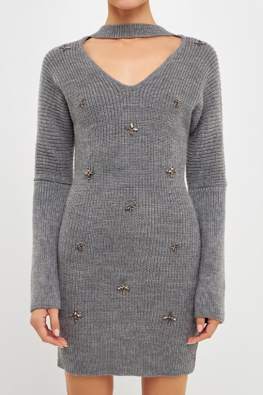 Endless Rose Embellished Sweater Dress HEATHER GREY
