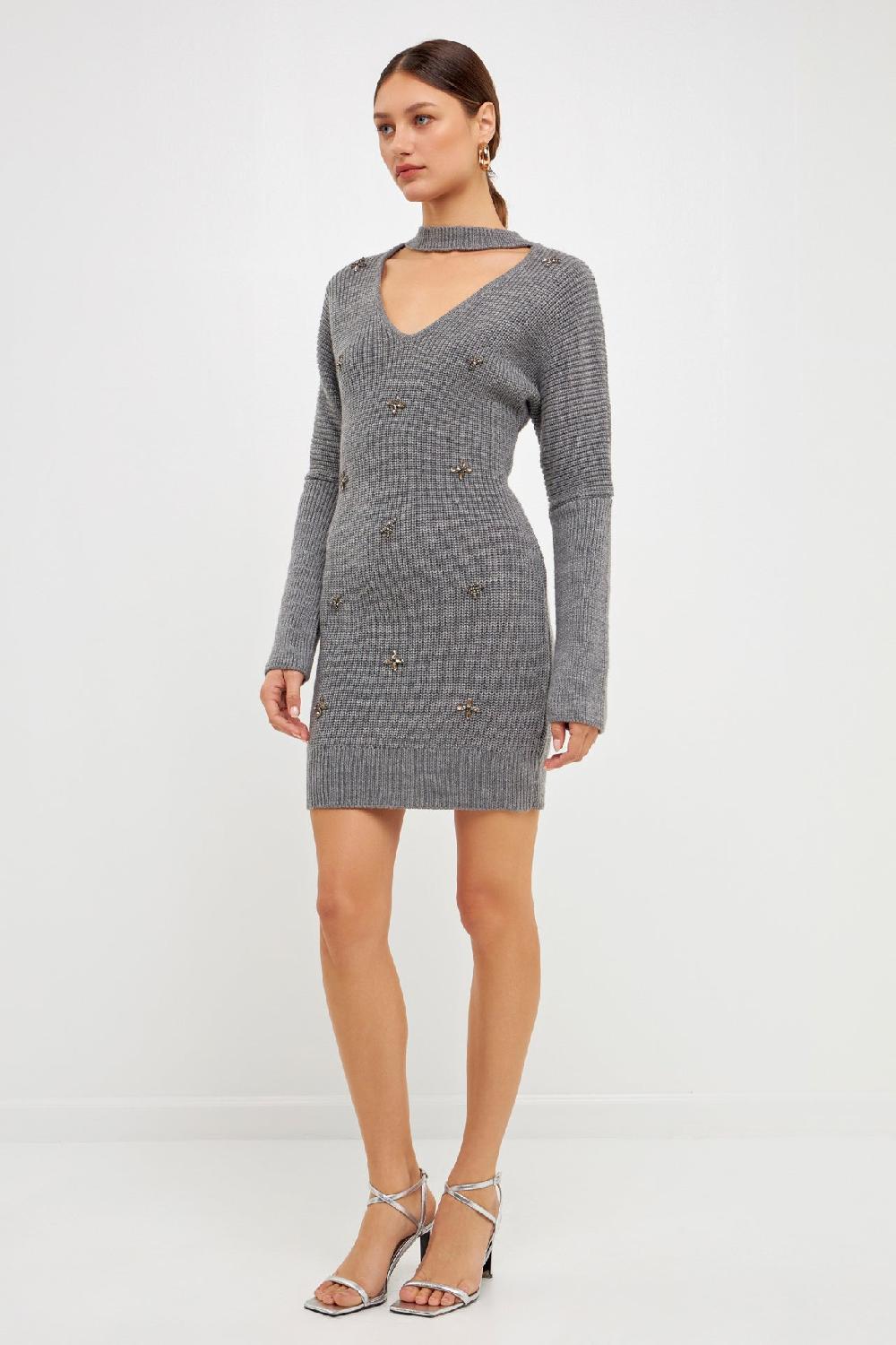 Endless Rose Embellished Sweater Dress HEATHER GREY