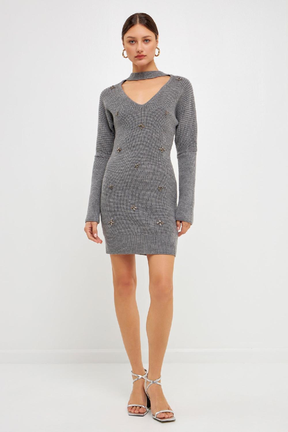 endless rose Embellished Sweater Dress HEATHER GREY