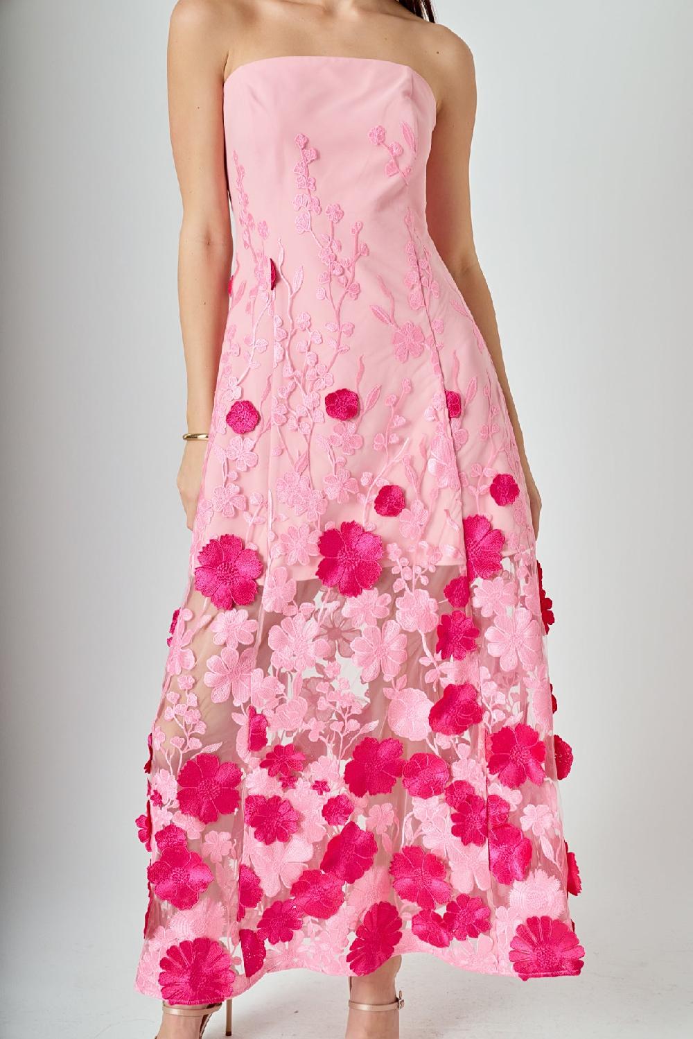 Endless Rose Embroidered 3D Applique Strapless Maxi Dress PINK