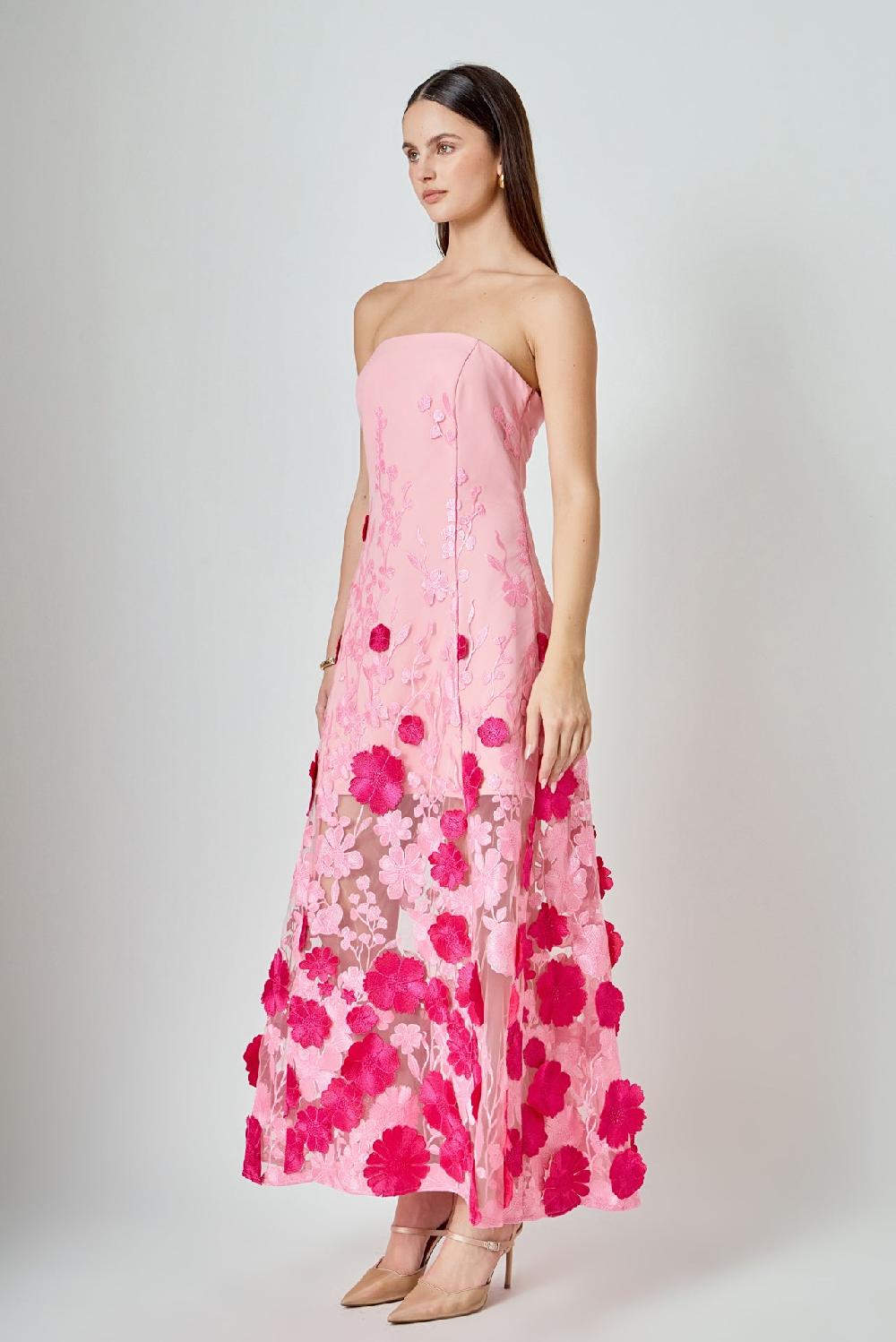 Endless Rose Embroidered 3D Applique Strapless Maxi Dress PINK