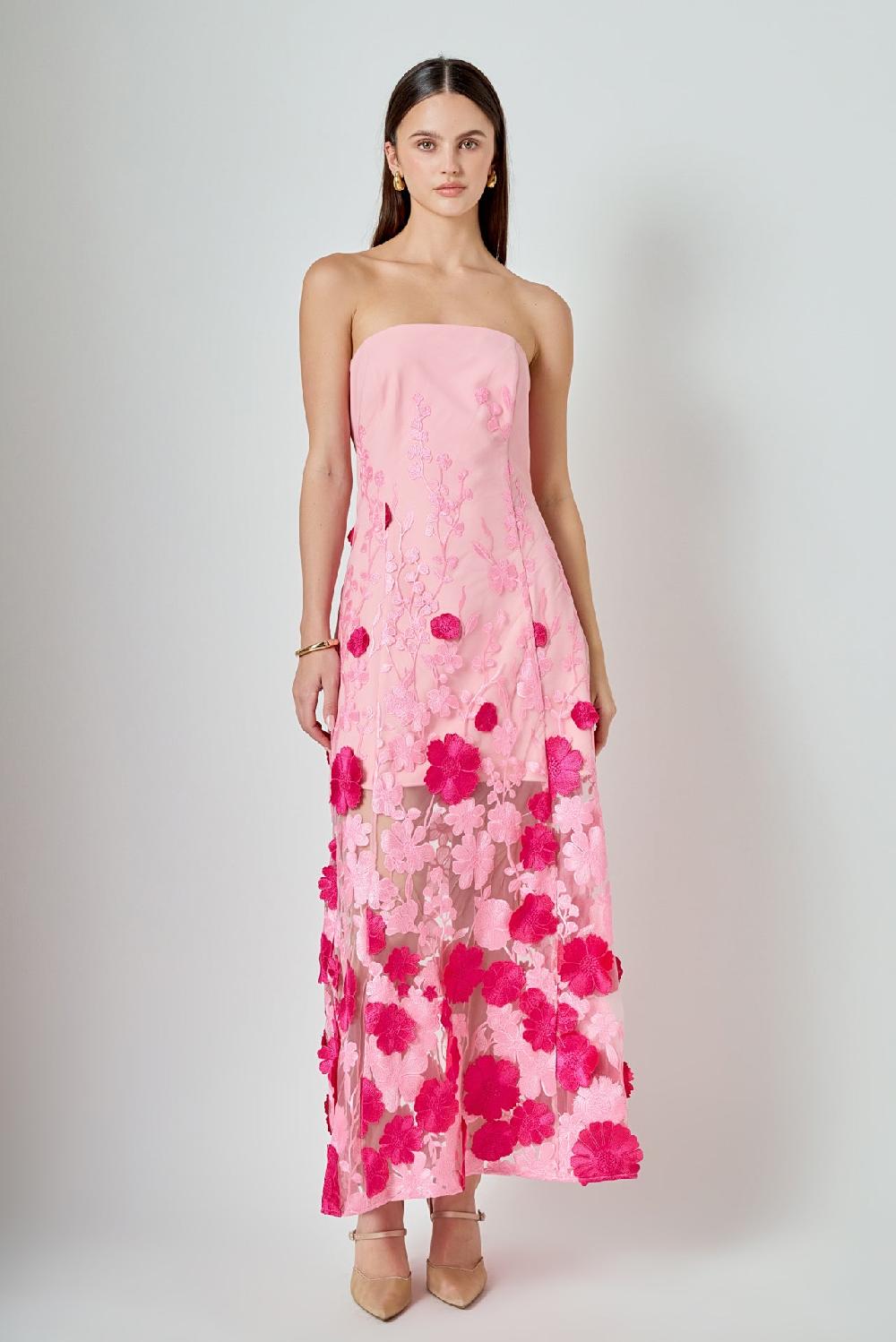 endless rose Embroidered 3D Applique Strapless Maxi Dress PINK