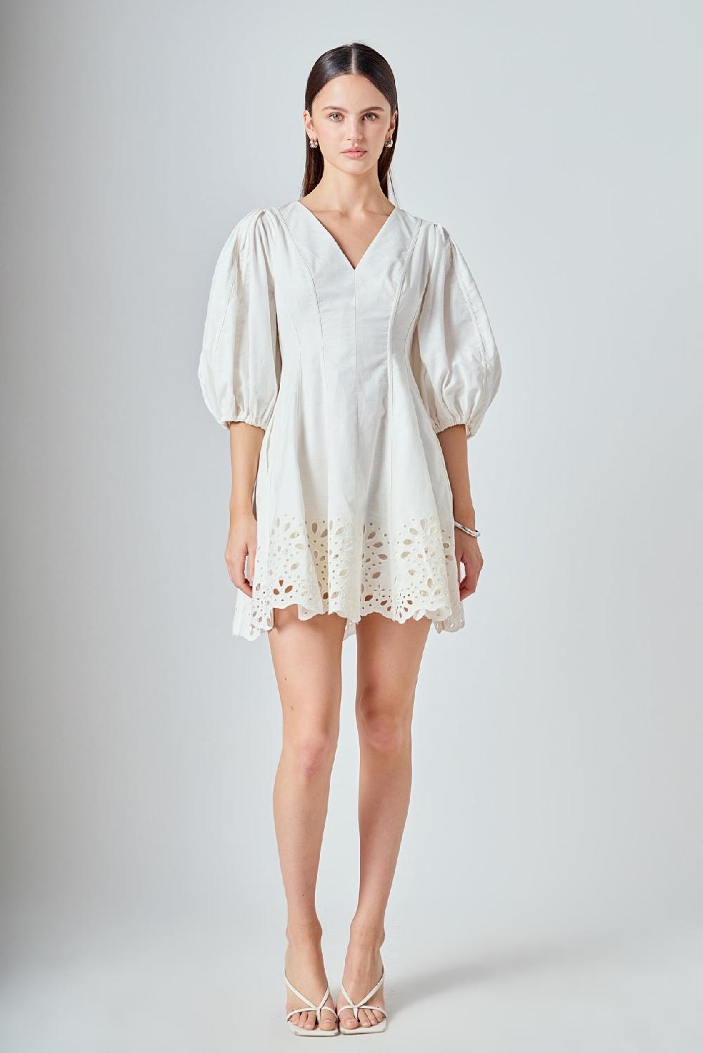 endless rose Embroidered Half Sleeve Mini Dress WHITE