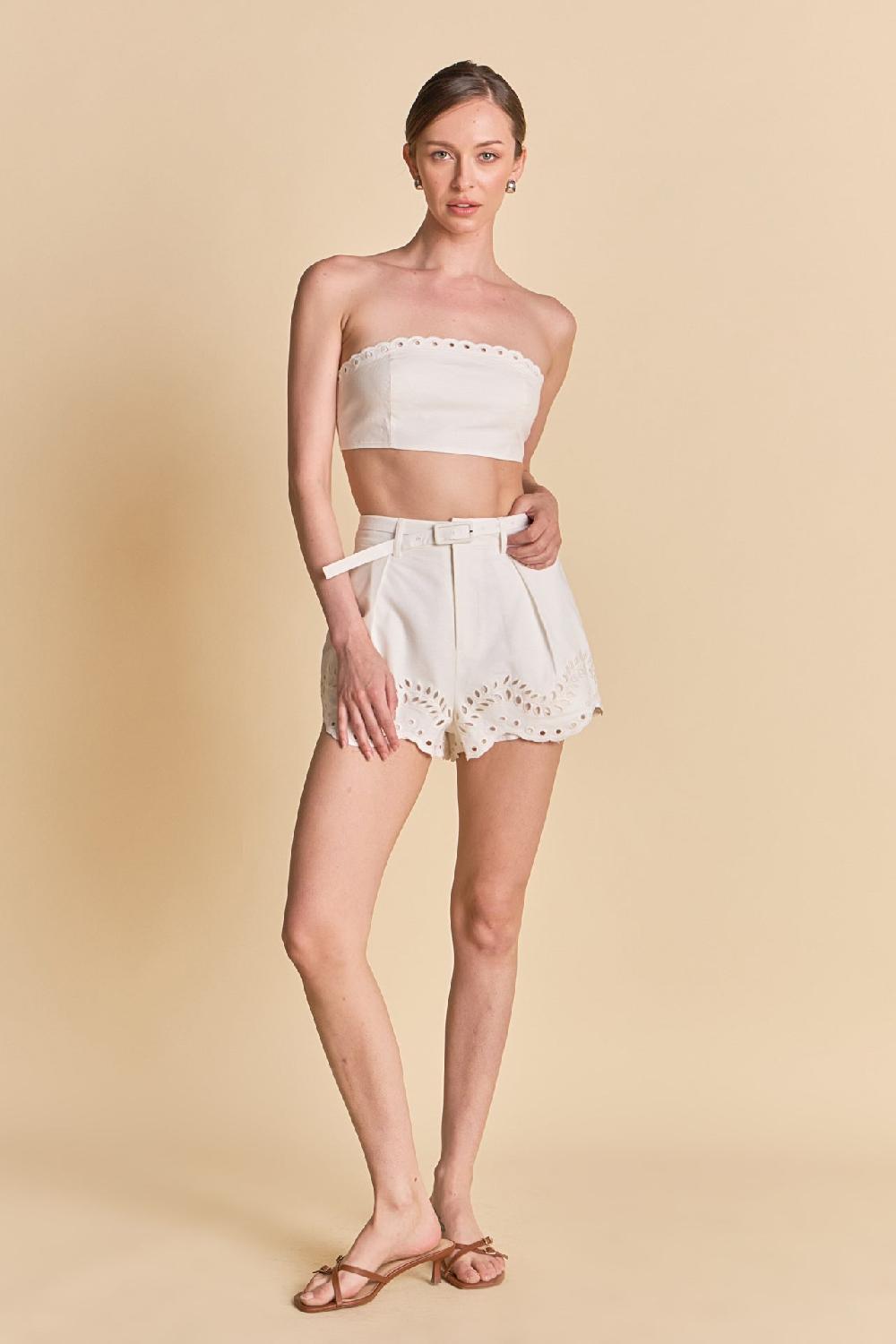 endless rose Embroidered High Waisted Relaxed shorts WHITE
