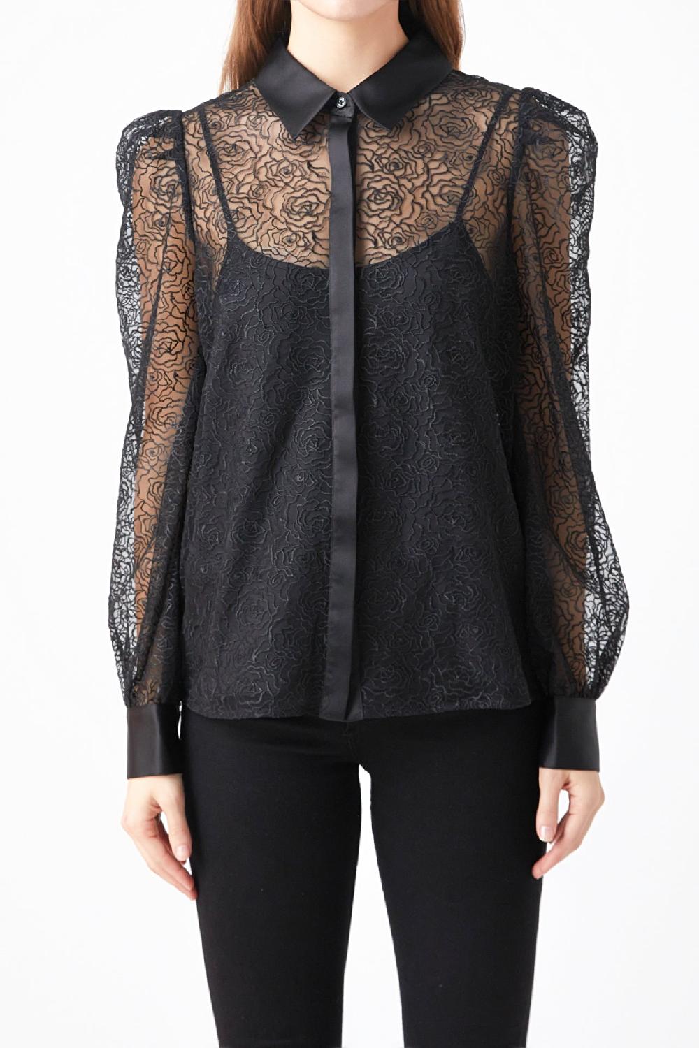 Endless Rose Embroidered Mesh See Through Blouse BLACK