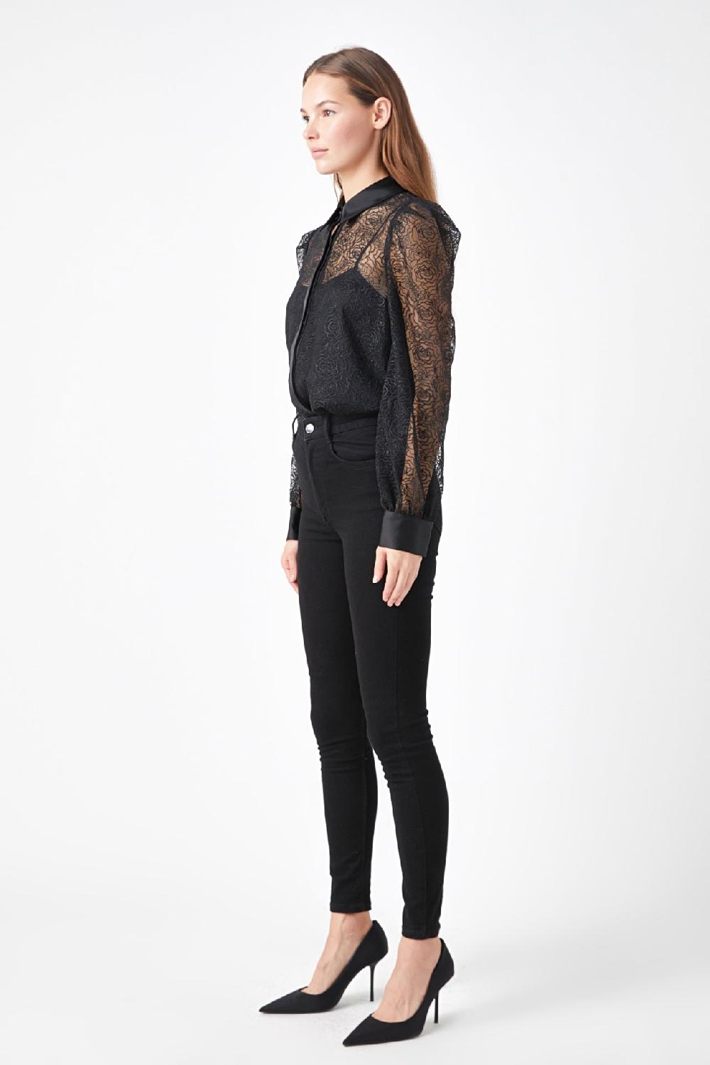 Endless Rose Embroidered Mesh See Through Blouse BLACK