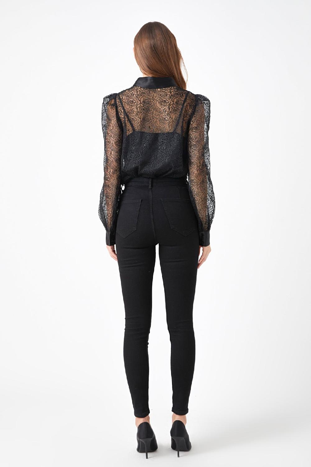 Endless Rose Embroidered Mesh See Through Blouse BLACK