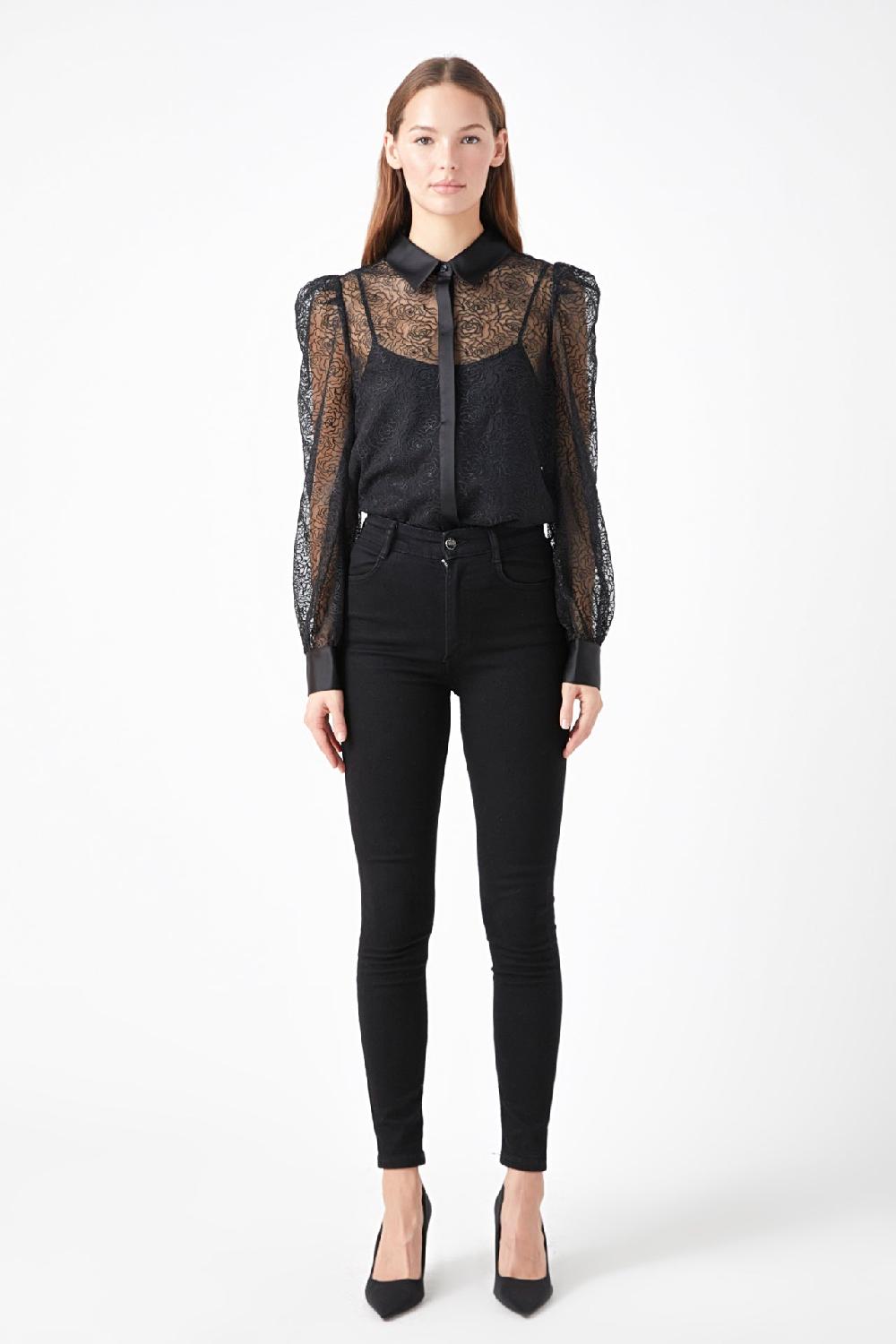 Endless Rose Embroidered Mesh See Through Blouse BLACK