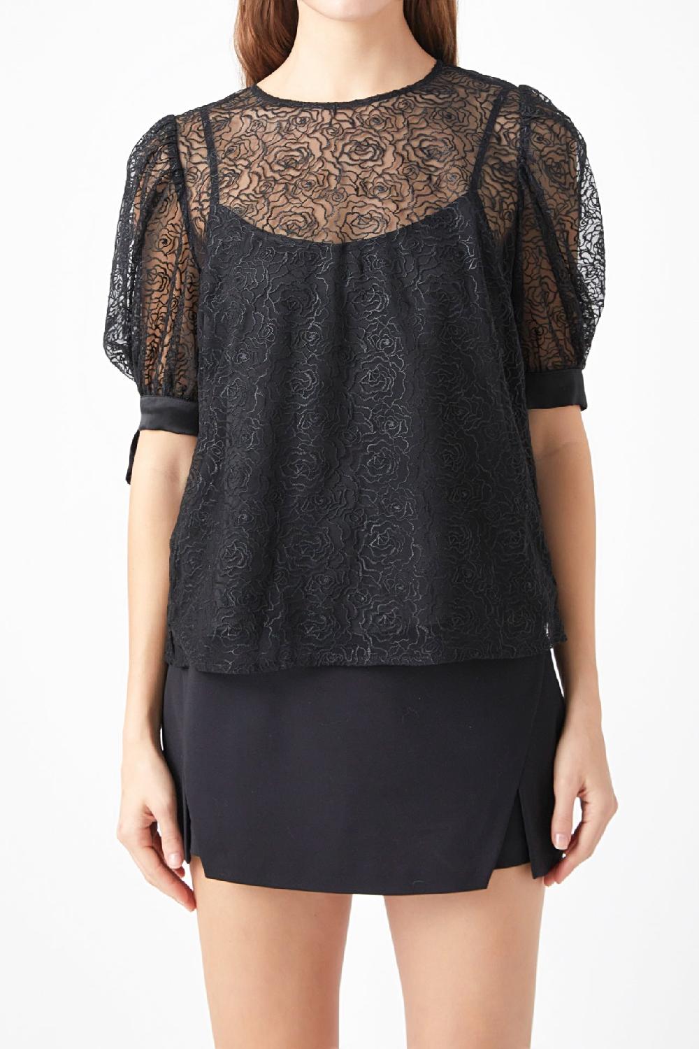 Endless Rose Embroidered Puff Sleeve Satin Bow Top BLACK