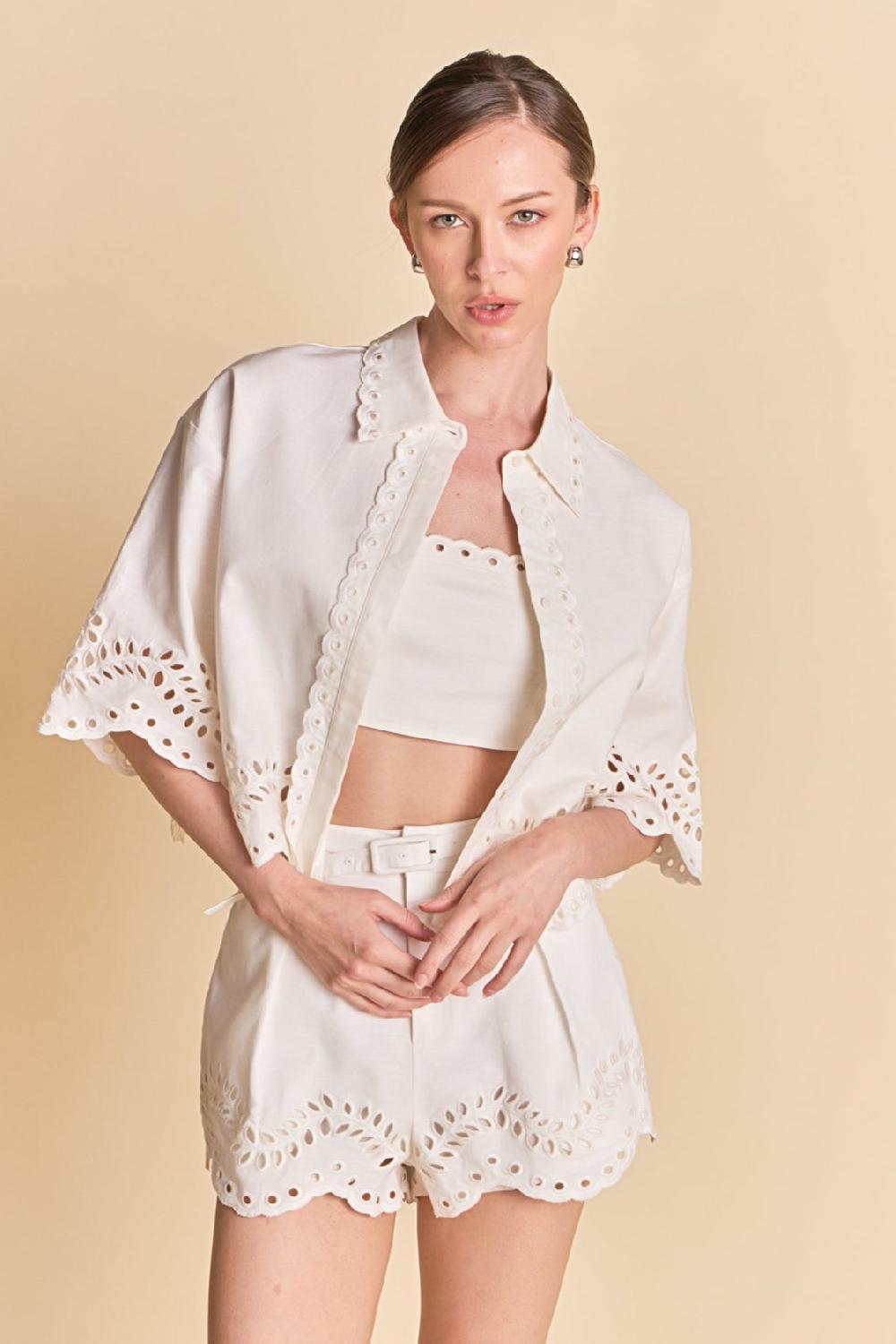 endless rose Embroidered Shirt and Strapless Top Set WHITE