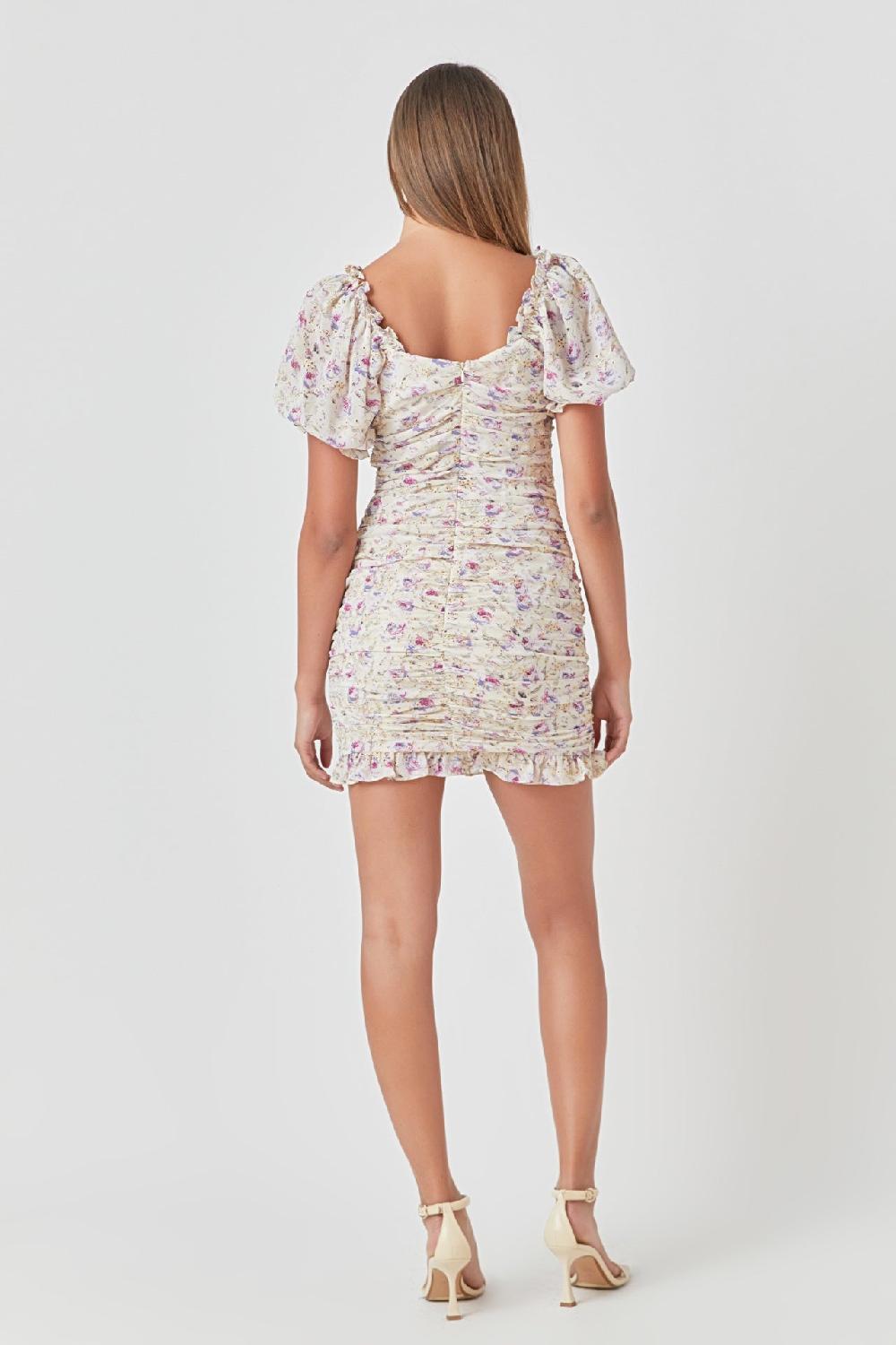 Endless Rose Embroidery On Chiffon Shirred Mini Dress IVORY MULTI