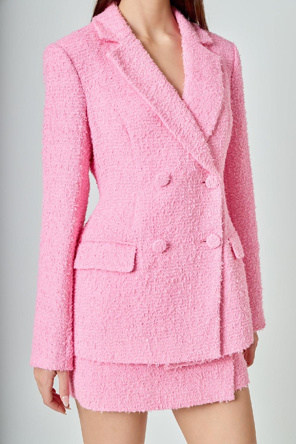 Endless Rose Emily Tweed Cinched Double Breasted Blazer PINK