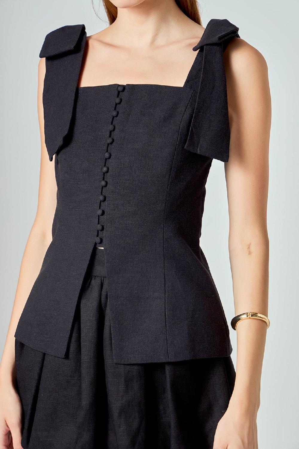 Endless Rose Allison Linen Bow Tie Long Top BLACK