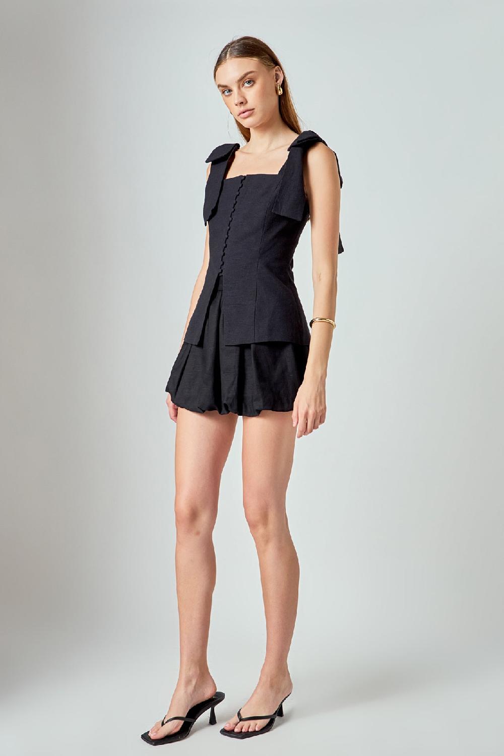 Endless Rose Allison Linen Bow Tie Long Top BLACK