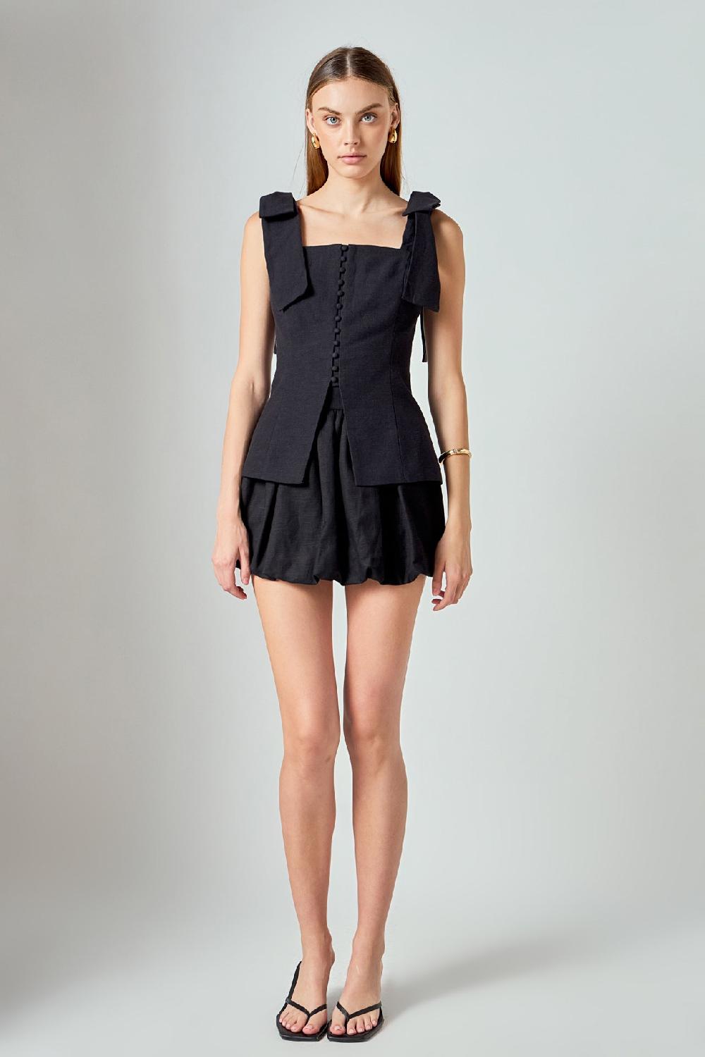 endless rose Allison Linen Bow Tie Long Top BLACK