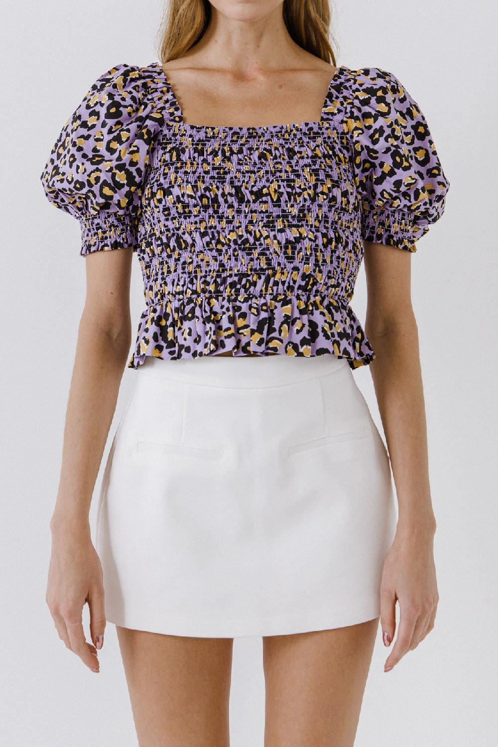 Endless Rose Animal Print Smocked Top PURPLE MULTI