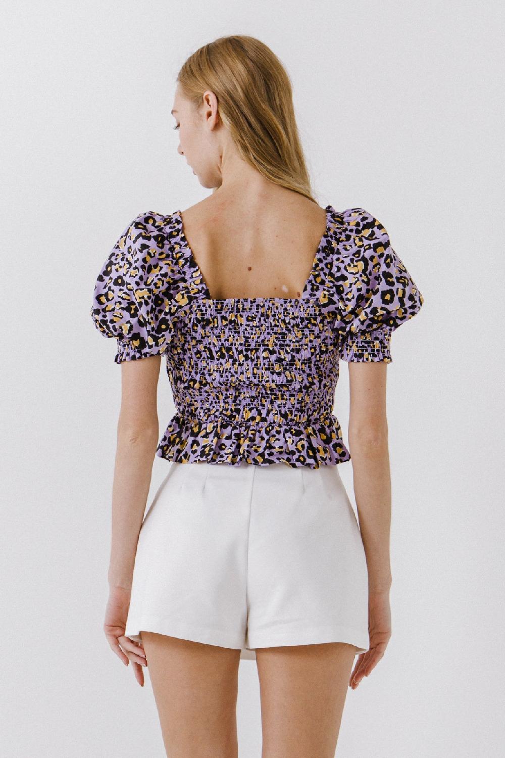 Endless Rose Animal Print Smocked Top PURPLE MULTI