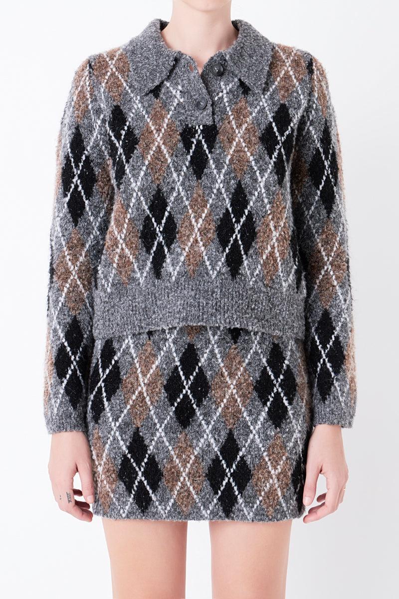 Endless Rose Argyle Collared Sweater GREY