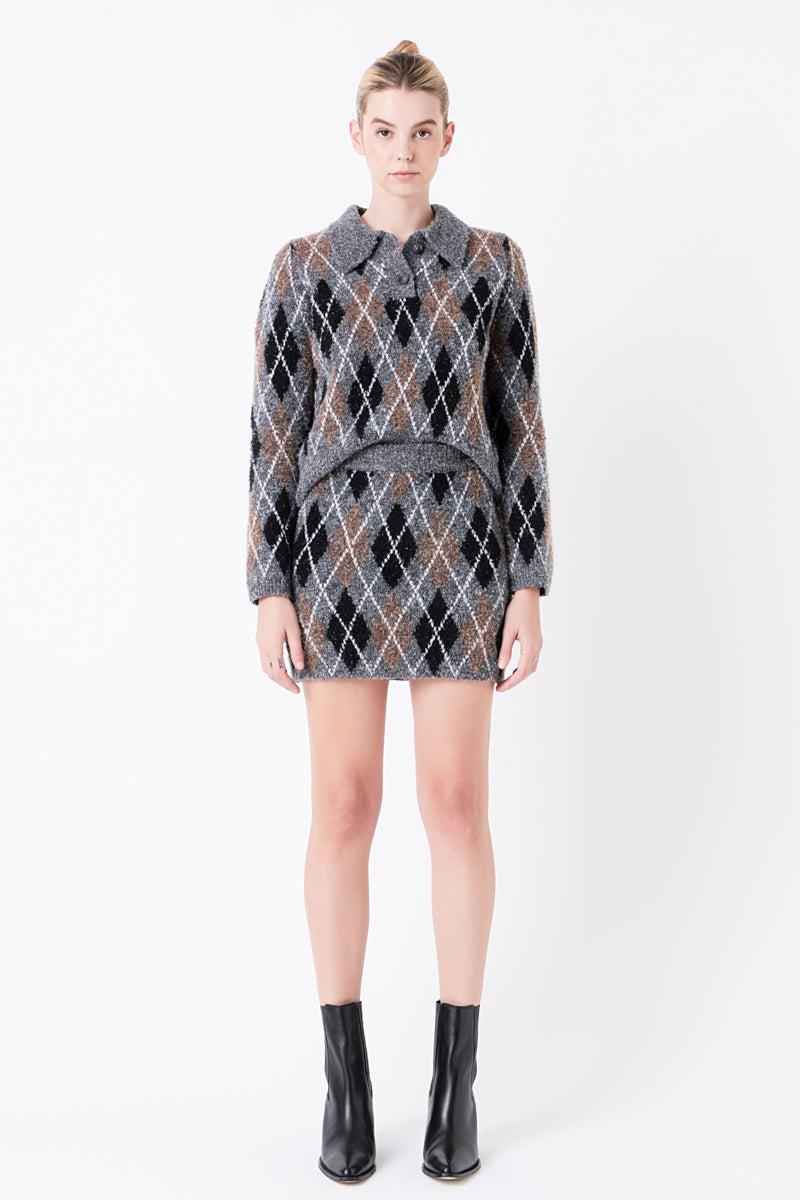 Endless Rose Argyle Collared Sweater GREY