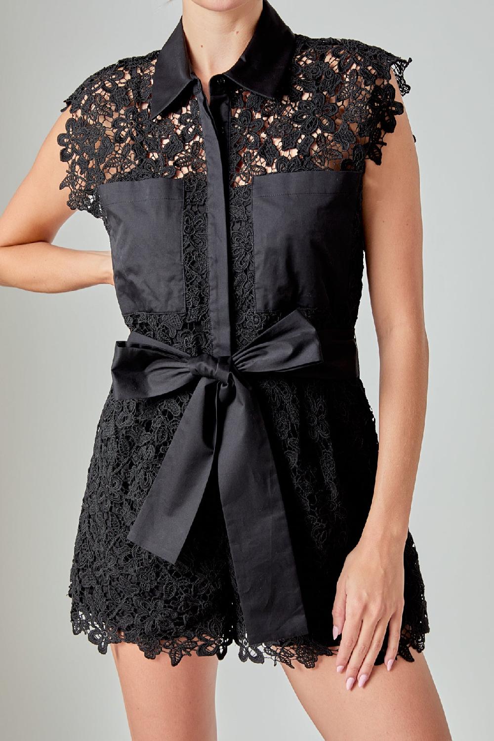 Endless Rose Astrid Belted Lace Romper BLACK