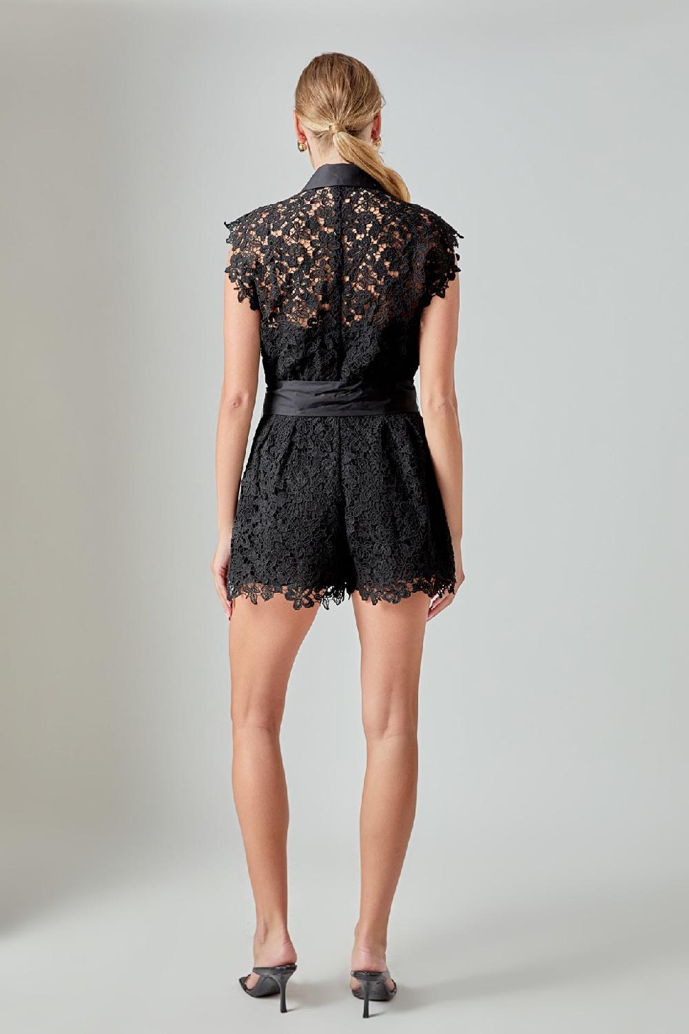 Endless Rose Astrid Belted Lace Romper BLACK
